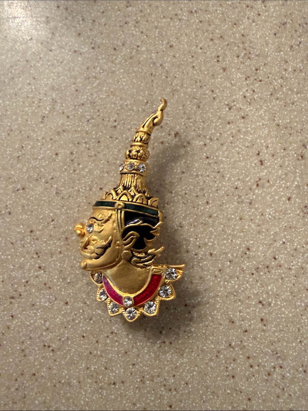 Gold-tone Thai Mythical Head Brooch with Red Accents